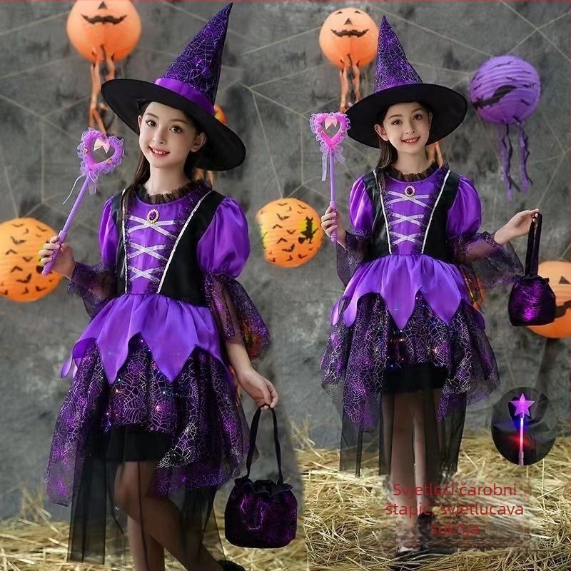 Halloween kostim za djevojčice: haljina vještice za igru i cosplay, mrežasta tkanina, poliester i acetat, za djecu do 17 godina