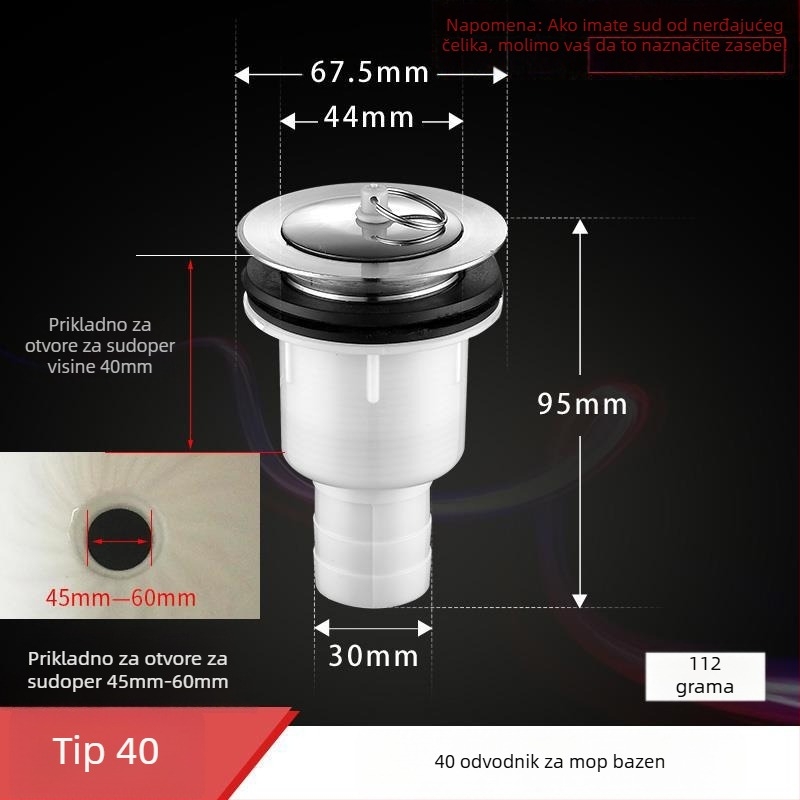 Nehrđajući filter odvodnje za umivaonik s vučnim mehanizmom, model 50, prilagodljivo, privatna marka