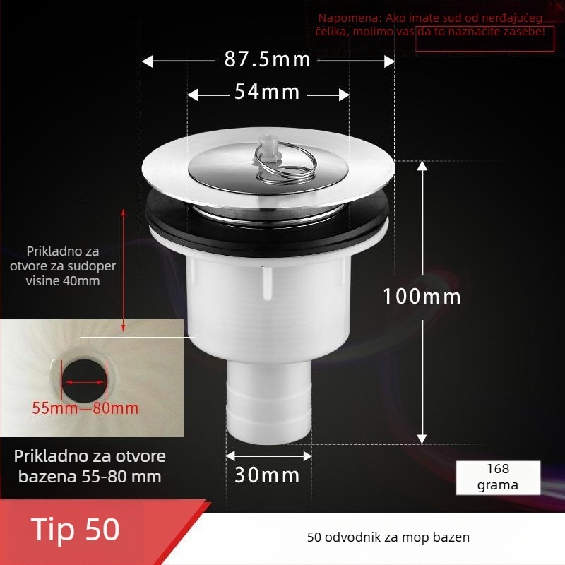 Nehrđajući filter odvodnje za umivaonik s vučnim mehanizmom, model 50, prilagodljivo, privatna marka