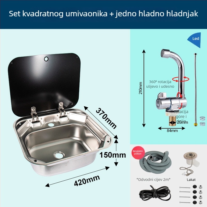 RV kuhinjska umivaonica s poklopcem, sklopivi poklopac, s jednim sudom, kvadratna umivaonica od nehrđajućeg čelika (Brand: Yumu; Kompatibilno s RV)