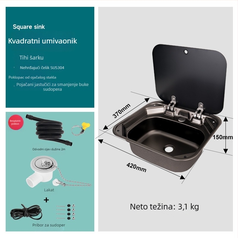 RV kuhinjska umivaonica s poklopcem, sklopivi poklopac, s jednim sudom, kvadratna umivaonica od nehrđajućeg čelika (Brand: Yumu; Kompatibilno s RV)