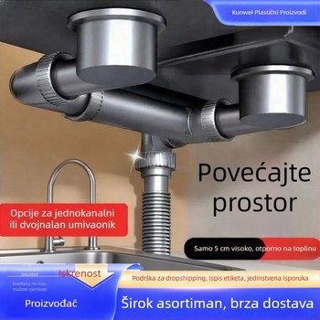 Kuhinjska odvodna cijev za sudoper, zidna montaža, prostor-ušteda, PP materijal, model 16, dvostruki ili jednostruki sudoper