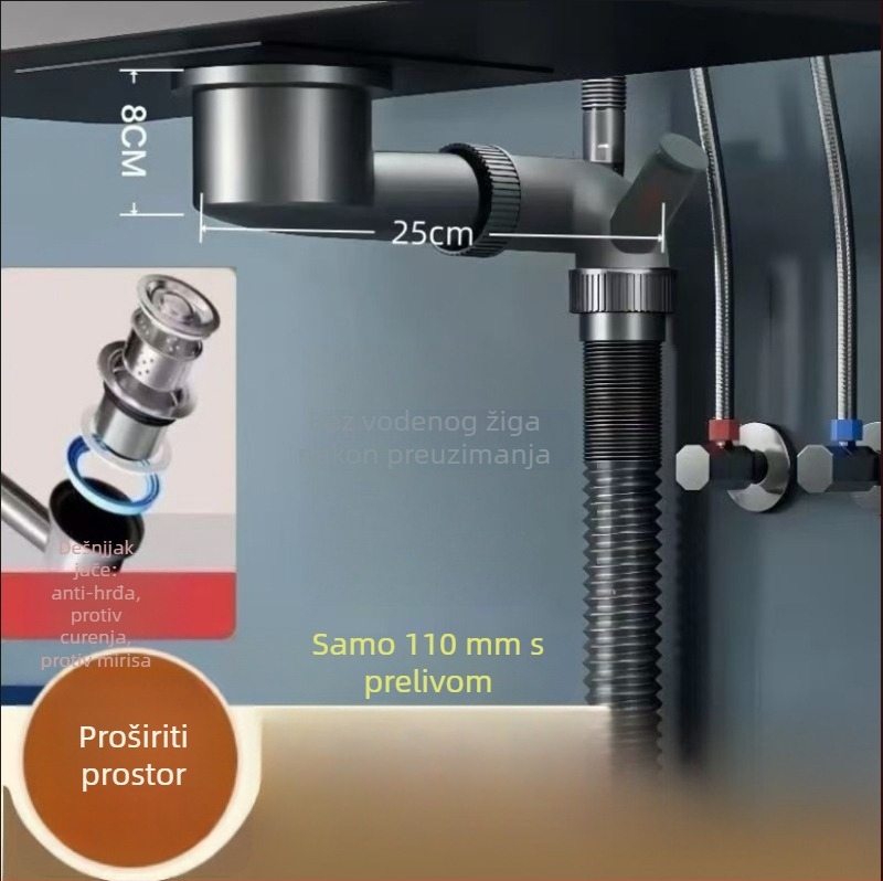 Kuhinjska odvodna cijev za sudoper, zidna montaža, prostor-ušteda, PP materijal, model 16, dvostruki ili jednostruki sudoper