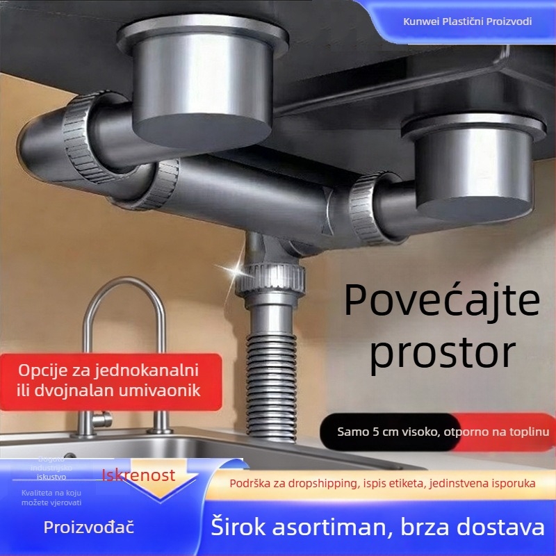 Kuhinjska odvodna cijev za sudoper, zidna montaža, prostor-ušteda, PP materijal, model 16, dvostruki ili jednostruki sudoper