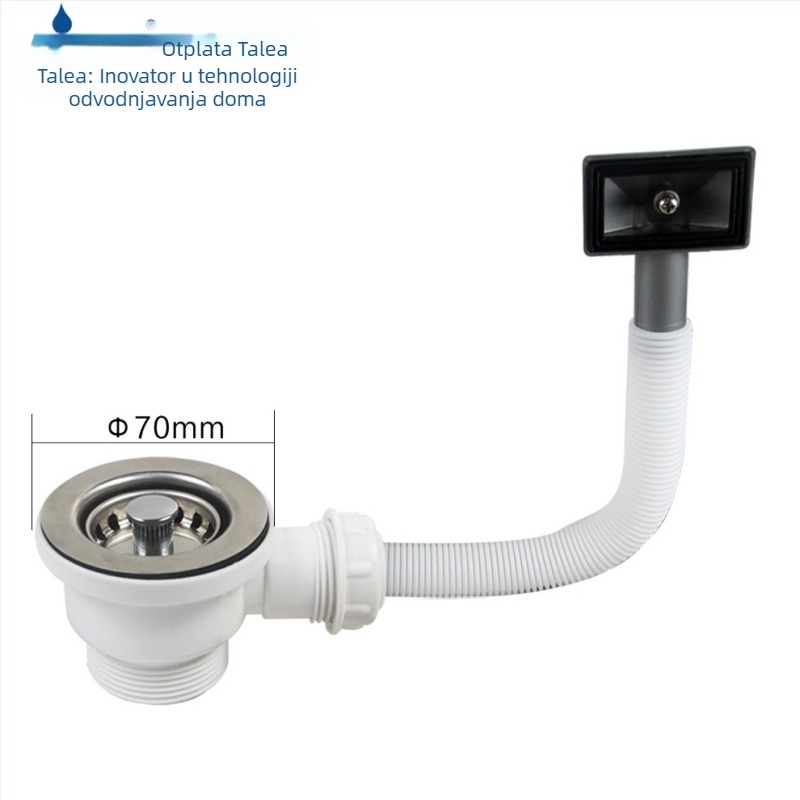 Kuhinjski odvod od nehrđajućeg čelika s prelivom, model XJ230C002, promjer odvodne cijevi 70 mm, kompatibilan s otvorima 47–52 mm, materijal: nehrđajući čelik + PP + PVC, neto težina 170,1 g