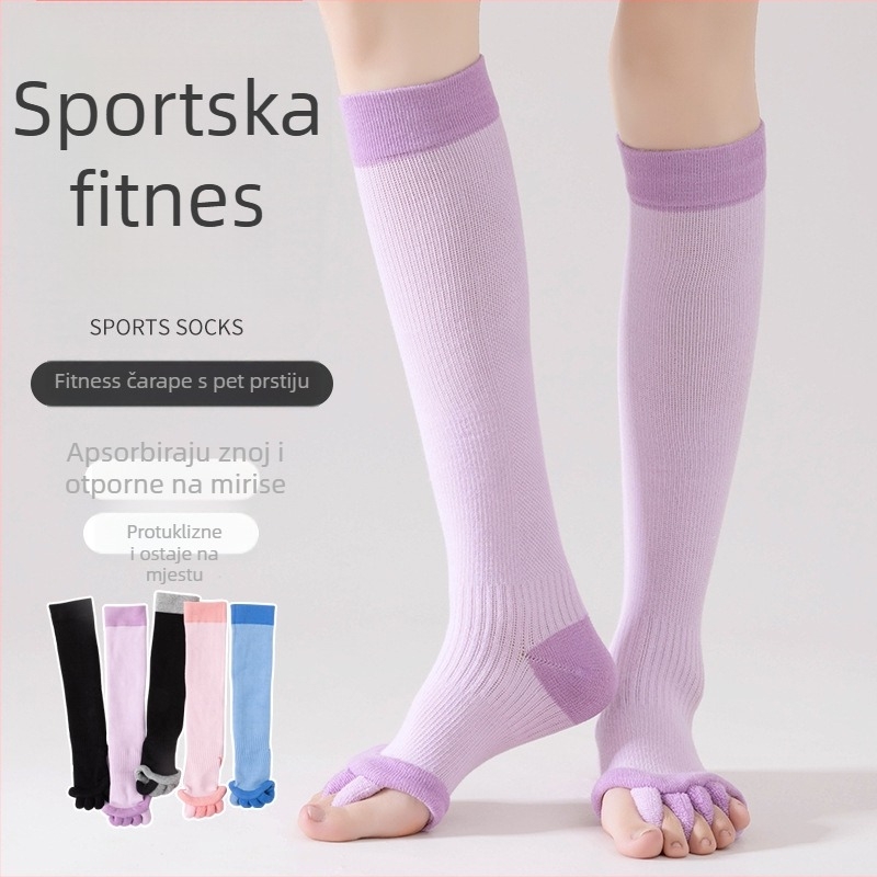 Joga čarape s pet prstiju, pamuk 50–70%, protuklizne, upijanje znoja, do potkoljenice, pletene jednim iglom