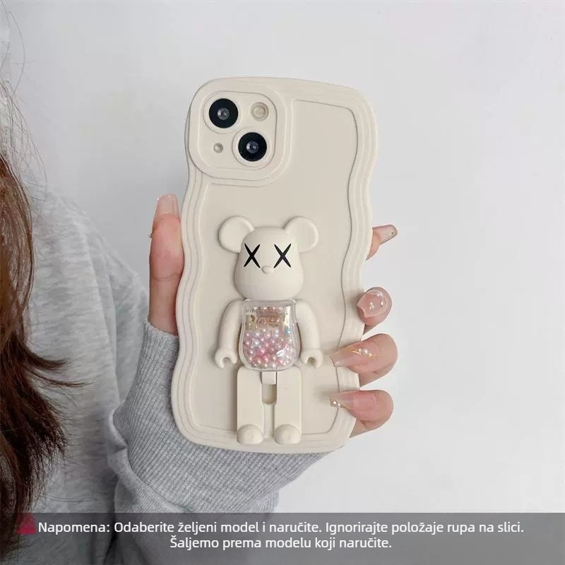 XRS futrola za iPhone, potpuno TPU, s držačem protiv padova i rotirajućom podlogom u obliku medvjeda s perl efektom, za iPhone 13/14 seriju