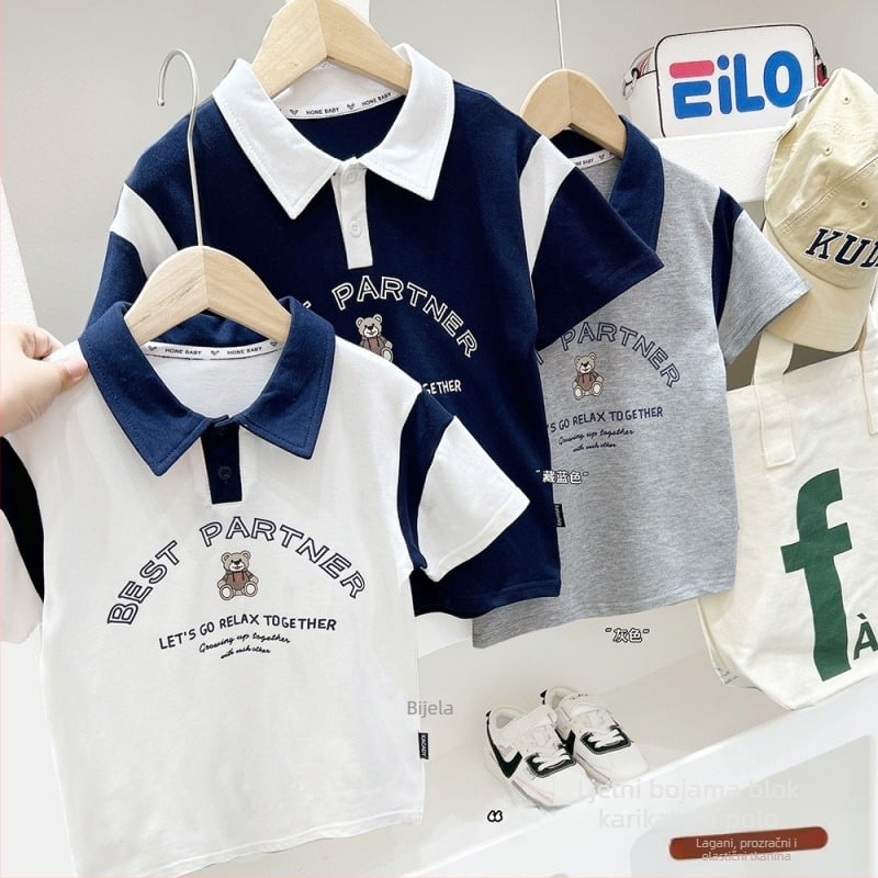 Polo majica za dječake - korejski stil, pamuk tkanina, tisk s slovima, za uzrast 3–8 godina, ljeto 2025