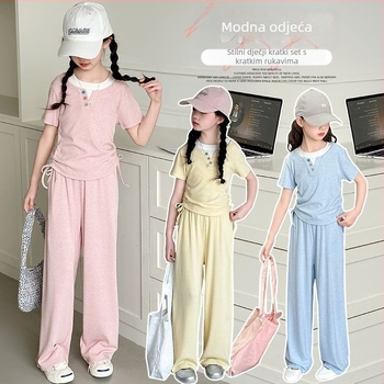 Dvodelni komplet za djevojčice od ice silk materijala, kratki rukavi, ljeto, korejski stil, casual sportski dizajn sa širokim ravnim hlačama, 100% poliester
