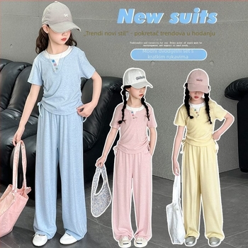 Dvodelni komplet za djevojčice od ice silk materijala, kratki rukavi, ljeto, korejski stil, casual sportski dizajn sa širokim ravnim hlačama, 100% poliester
