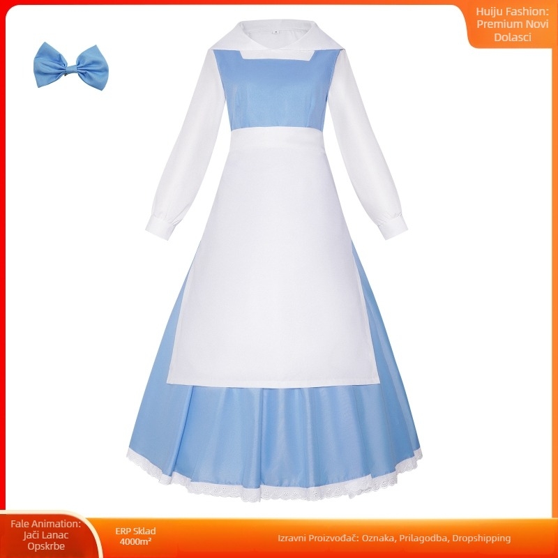 Haljina za cosplay službenice inspirirana Belle za Halloween; pamuk-elastan mješavina (50–70% pamuk, 30–50% elastan); pogodno za ženski cosplay u igrama i anime; jesen 2022; dob 18–24.