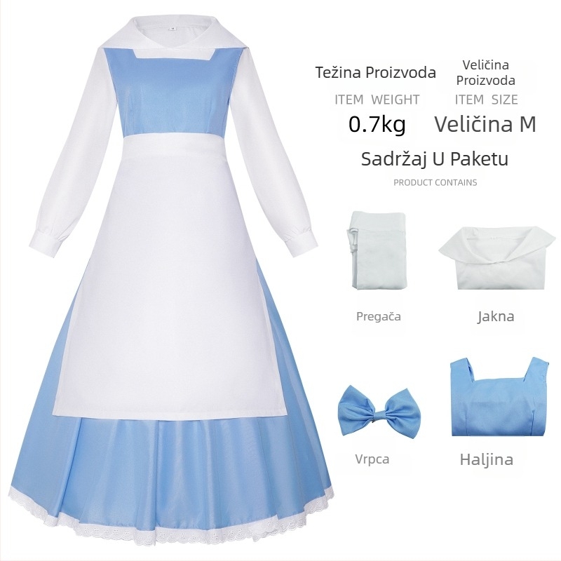 Haljina za cosplay službenice inspirirana Belle za Halloween; pamuk-elastan mješavina (50–70% pamuk, 30–50% elastan); pogodno za ženski cosplay u igrama i anime; jesen 2022; dob 18–24.