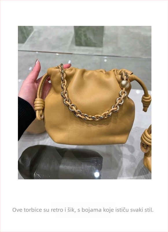 Ženska crossbody torba u stilu oblaka, bucket oblik od prave kože, zatvaranje šnuralom, dvije sloje kože, unutarnji džep za mobitel