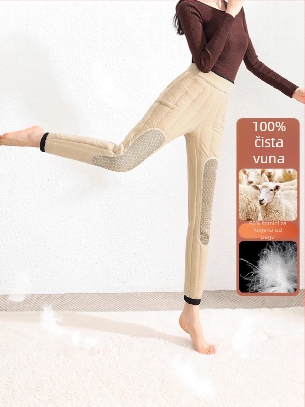 Ženske zimske hlače od vune, visoki struk, elastične, uski kroj, zaštita koljena s gusjim perjem, fleece unutrašnjost, debele, vuna 50-70%