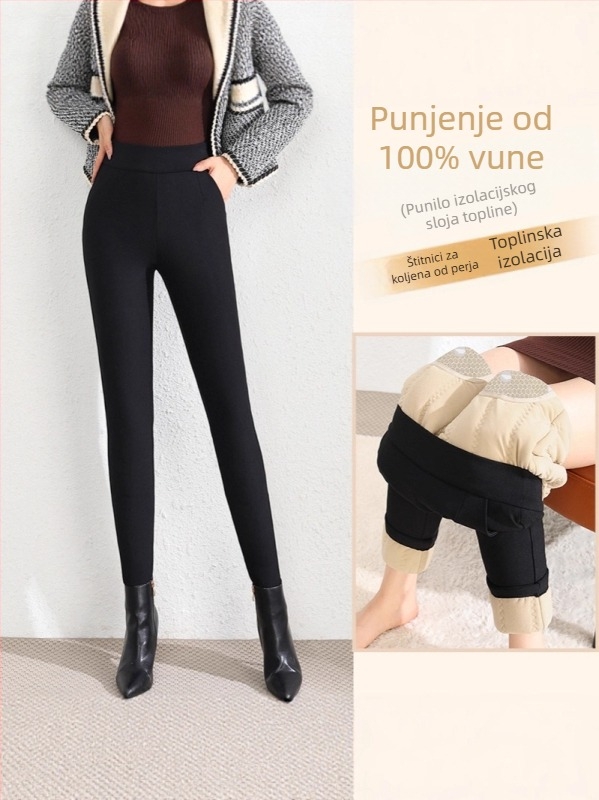 Ženske zimske hlače od vune, visoki struk, elastične, uski kroj, zaštita koljena s gusjim perjem, fleece unutrašnjost, debele, vuna 50-70%
