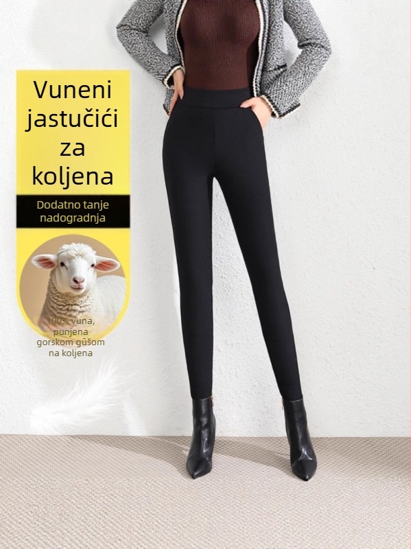 Ženske zimske hlače od vune, visoki struk, elastične, uski kroj, zaštita koljena s gusjim perjem, fleece unutrašnjost, debele, vuna 50-70%