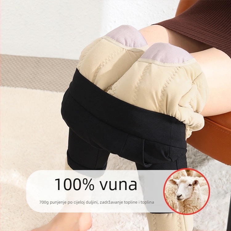 Ženske zimske hlače od vune, visoki struk, elastične, uski kroj, zaštita koljena s gusjim perjem, fleece unutrašnjost, debele, vuna 50-70%