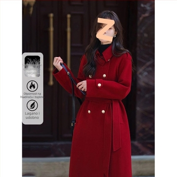 Ženska jakna s pačjim perjem – materijal: vuneno‑mješavina, sadržaj perja 51–55%, duljina duga, prednje zatvaranje dvostrukog reda