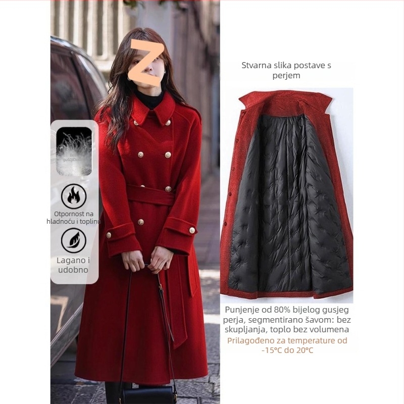 Ženska jakna s pačjim perjem – materijal: vuneno‑mješavina, sadržaj perja 51–55%, duljina duga, prednje zatvaranje dvostrukog reda