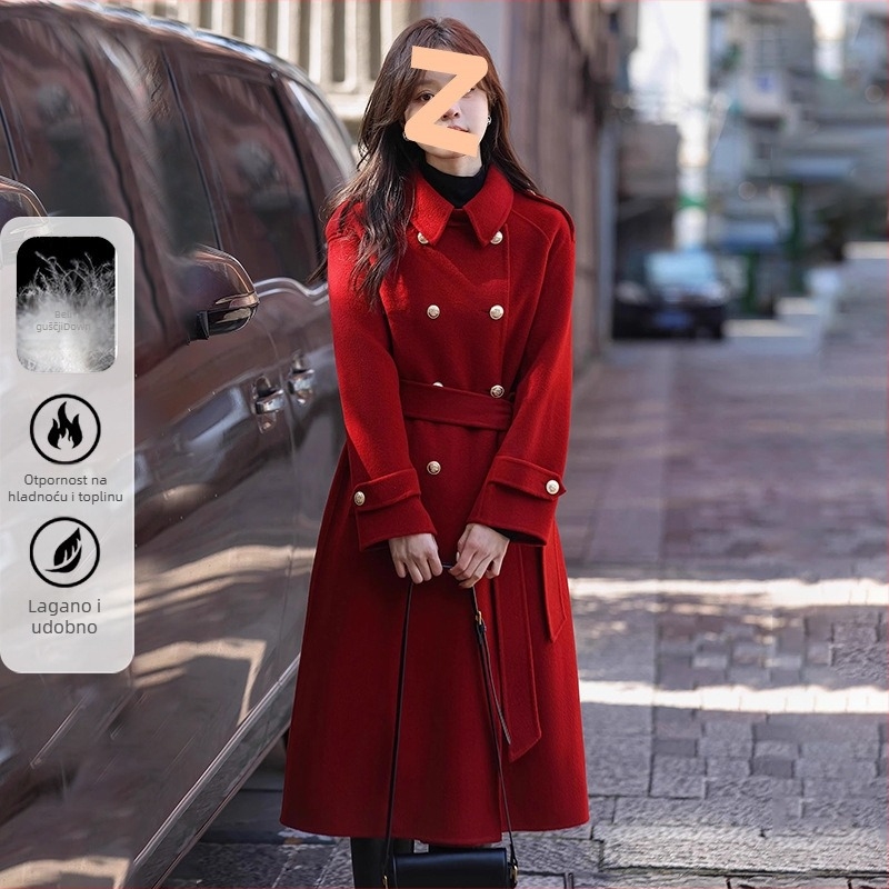 Ženska jakna s pačjim perjem – materijal: vuneno‑mješavina, sadržaj perja 51–55%, duljina duga, prednje zatvaranje dvostrukog reda