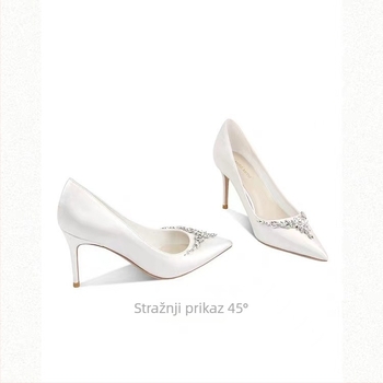 Ženske svadbene štikle s špicastim vrhom, satenski gornji dio, visokih 6–8 cm, tanak potpetica, gumena potplata