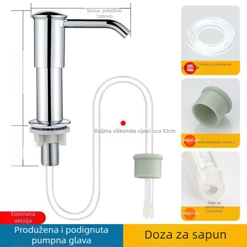 Pumpa za deterdžent za kuhinjsku sudoperu s produženim cijevima, ručno pritiskanje, plastični materijal, kromirani završetak, moderan minimalistički dizajn
