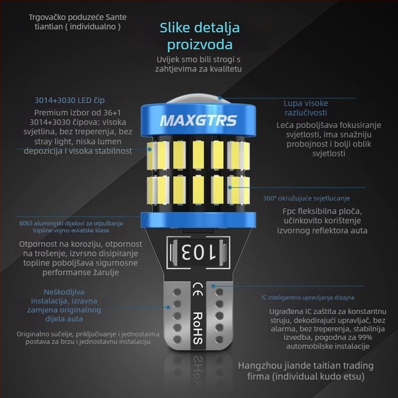 LED T10 žarulja za svjetlo registarske pločice, visoka svjetlina, leća, baza W5W (12V, 5000 lm)