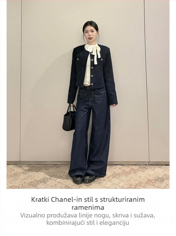 Ženski kaput u Chanel stilu, poliester, labav kroj, okrugli ovratnik, zatvara se jednim gumbom, jesen-zima 2025
