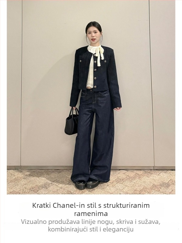 Ženski kaput u Chanel stilu, poliester, labav kroj, okrugli ovratnik, zatvara se jednim gumbom, jesen-zima 2025