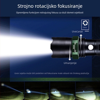 Punjiva baterijska svjetiljka visoke jačine s dugim dometom, laserski izvor svjetla, 30W, aluminijska legura, napajanje baterijom, višenamjenska za samozaštitu