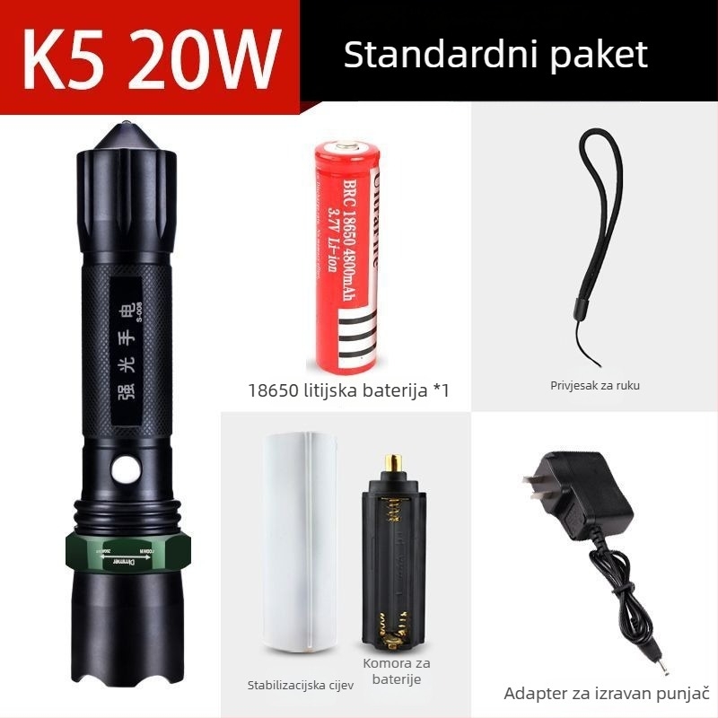 Punjiva baterijska svjetiljka visoke jačine s dugim dometom, laserski izvor svjetla, 30W, aluminijska legura, napajanje baterijom, višenamjenska za samozaštitu