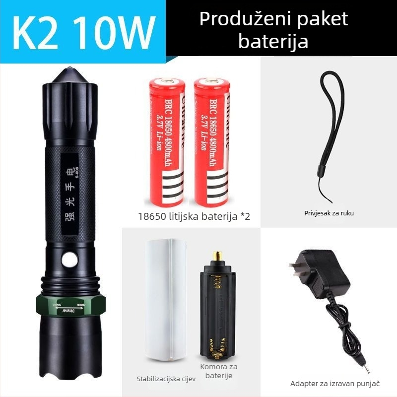 Punjiva baterijska svjetiljka visoke jačine s dugim dometom, laserski izvor svjetla, 30W, aluminijska legura, napajanje baterijom, višenamjenska za samozaštitu