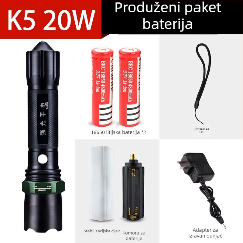 Punjiva baterijska svjetiljka visoke jačine s dugim dometom, laserski izvor svjetla, 30W, aluminijska legura, napajanje baterijom, višenamjenska za samozaštitu