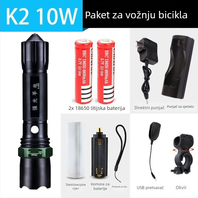 Punjiva baterijska svjetiljka visoke jačine s dugim dometom, laserski izvor svjetla, 30W, aluminijska legura, napajanje baterijom, višenamjenska za samozaštitu