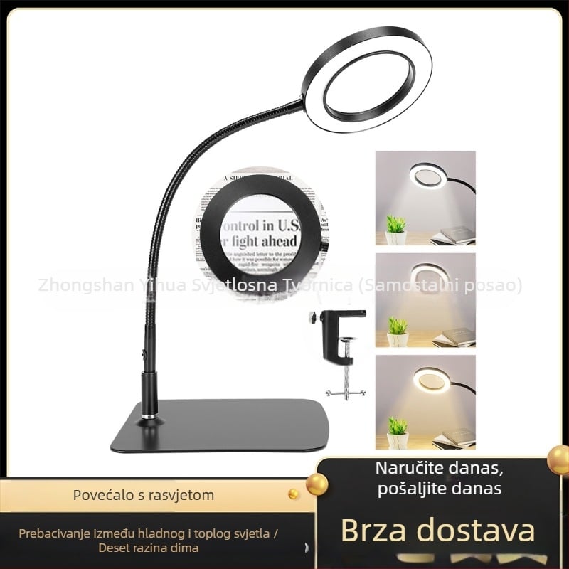 Stolna lampa sa povećalom za popravke, USB napajanje, metalno sjenilo, osnovno osvjetljenje, CE potvrda, napon ≤36V