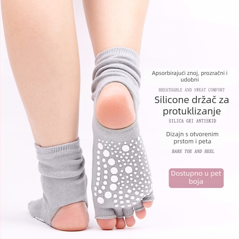 Pilates joga čarape za žene, srednje dužine do potkoljenice, točkaste protuklizne na dnu, otvoreni prsti sa slingback i odvojeni prsti, prozračne od česanog pamuka 70–80%