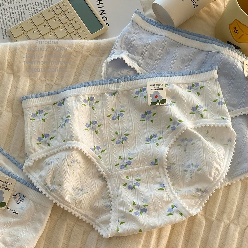 Djevojačke pamucne gaćice s jacquard cvjetnim uzorkom, prozračne i antibakterijske, niski pojas, 90–95% pamuk, 100% pamuk podstava
