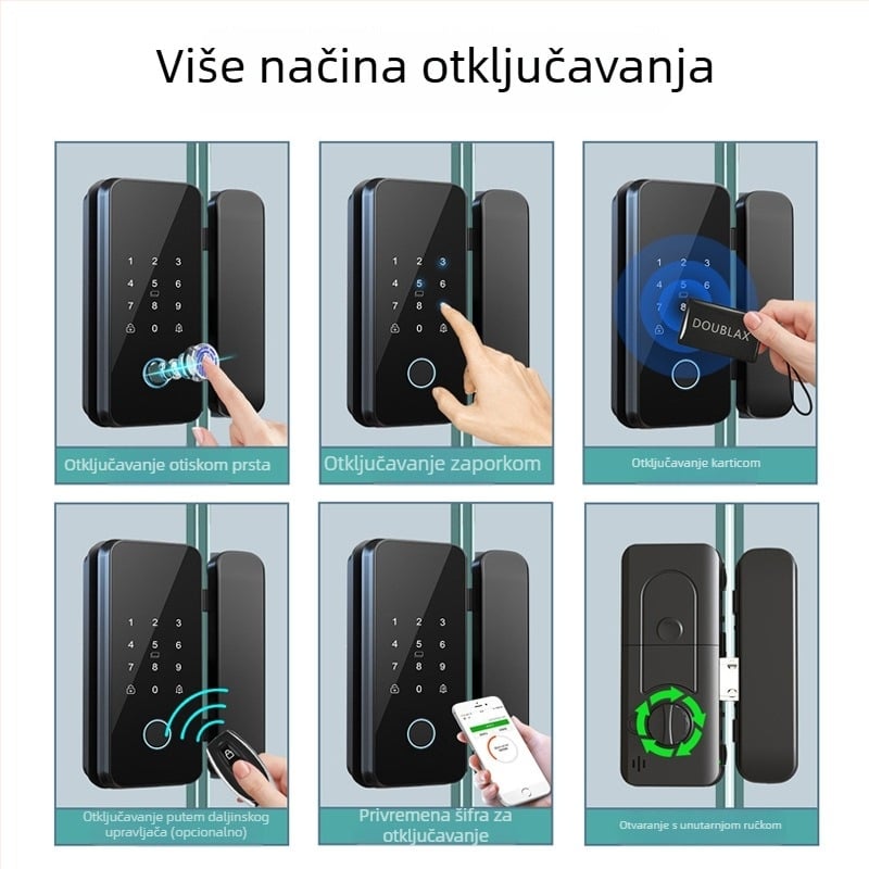 Staklena vrata s otiskom prsta i lozinkom — kontrola pristupa u uredu, bez rama ili s ramenom, jedno- ili dvokrilno otvaranje, kapacitet otisaka 100, >200000 otvaranja, vrijeme skeniranja 0,02 s