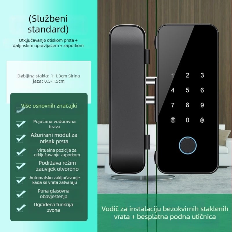Staklena vrata s otiskom prsta i lozinkom — kontrola pristupa u uredu, bez rama ili s ramenom, jedno- ili dvokrilno otvaranje, kapacitet otisaka 100, >200000 otvaranja, vrijeme skeniranja 0,02 s