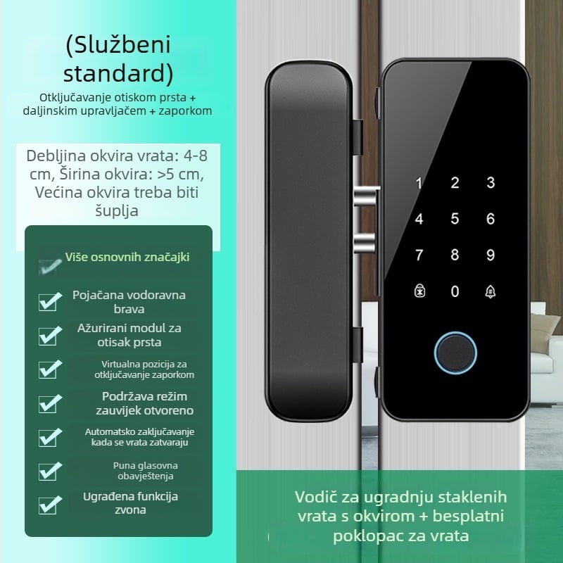 Staklena vrata s otiskom prsta i lozinkom — kontrola pristupa u uredu, bez rama ili s ramenom, jedno- ili dvokrilno otvaranje, kapacitet otisaka 100, >200000 otvaranja, vrijeme skeniranja 0,02 s
