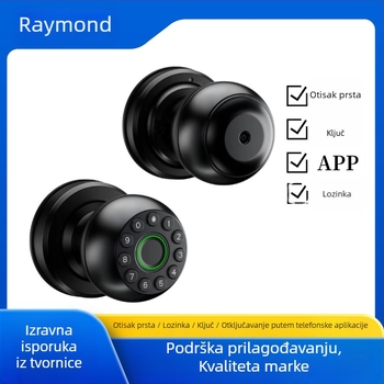 Sferna pametna brava za unutarnja drvena vrata s lozinkom i otiskom prsta, Bluetooth upravljanje preko aplikacije, kapacitet pohrane otisaka 50, više od 100000 otključavanja, skeniranje 0,1 s, radna temperatura -20°C do 55°C, DC napajanje