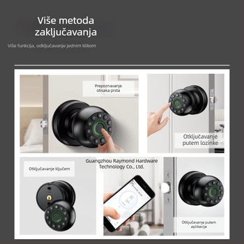 Sferna pametna brava za unutarnja drvena vrata s lozinkom i otiskom prsta, Bluetooth upravljanje preko aplikacije, kapacitet pohrane otisaka 50, više od 100000 otključavanja, skeniranje 0,1 s, radna temperatura -20°C do 55°C, DC napajanje
