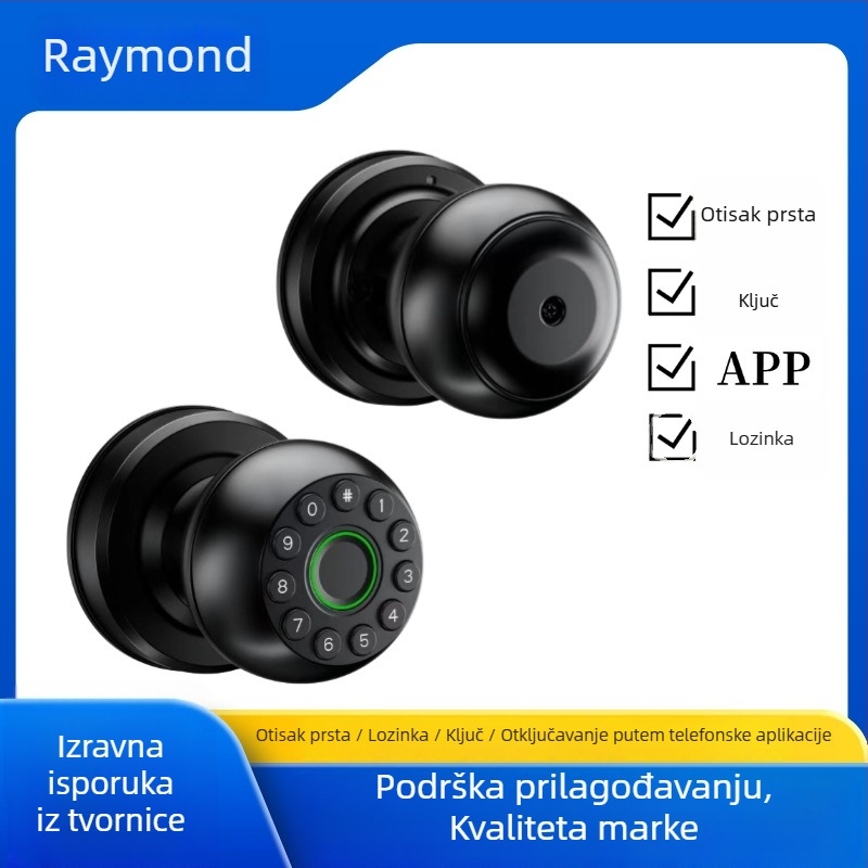 Sferna pametna brava za unutarnja drvena vrata s lozinkom i otiskom prsta, Bluetooth upravljanje preko aplikacije, kapacitet pohrane otisaka 50, više od 100000 otključavanja, skeniranje 0,1 s, radna temperatura -20°C do 55°C, DC napajanje