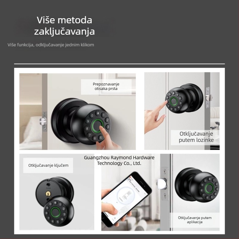 Sferna pametna brava za unutarnja drvena vrata s lozinkom i otiskom prsta, Bluetooth upravljanje preko aplikacije, kapacitet pohrane otisaka 50, više od 100000 otključavanja, skeniranje 0,1 s, radna temperatura -20°C do 55°C, DC napajanje
