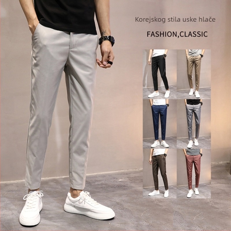 Muške casual hlače u korejskom stilu, slim-fit, skraćena duljina, srednji pojas, poliester-elastan smjesa