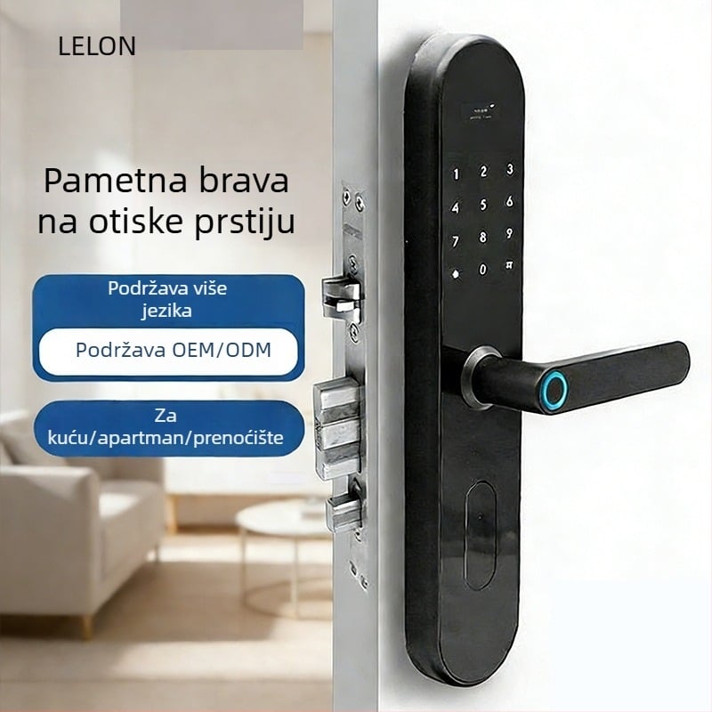 Pametna brava za vrata s otiskom prsta, kartom, Bluetoothom i lozinkom – pohranjeno 300 otisaka, DC napajanje, debljina vrata 40–110 mm, kućište 6068 protiv krađe, daljinsko otključavanje