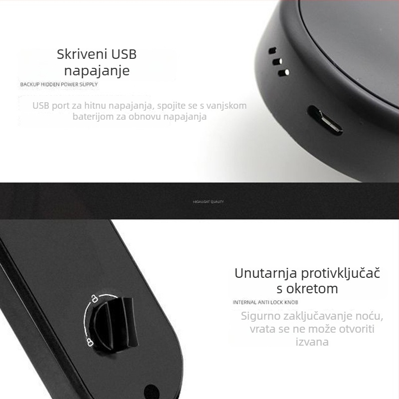 Pametna brava za vrata s otiskom prsta, kartom, Bluetoothom i lozinkom – pohranjeno 300 otisaka, DC napajanje, debljina vrata 40–110 mm, kućište 6068 protiv krađe, daljinsko otključavanje
