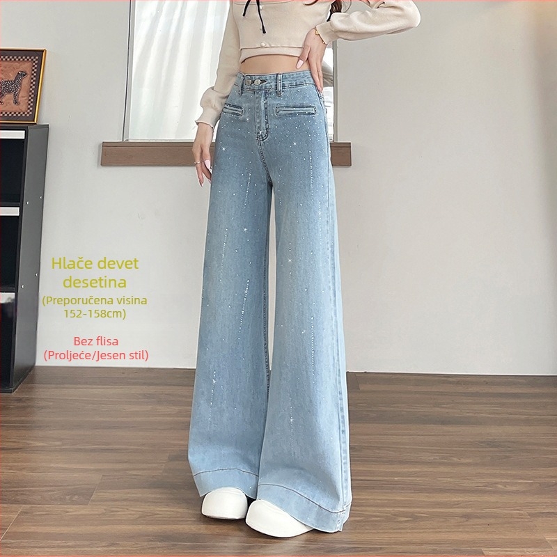 Ženske traperice visokim strukom i širokim nogavicama, denim pamuk, rhinestone hotfix detalji (Denim cotton; High waist; Wide-leg; Flared; Rhinestone hotfix)