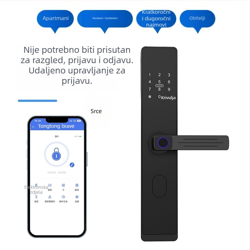 Pametna brava za vrata za apartmane i hoteli s udaljenim otključavanjem putem mobilne aplikacije, model D32, pohrana otisaka 100, više od 100000 otključavanja, čelično kućište, radna temperatura -25 do 60°C