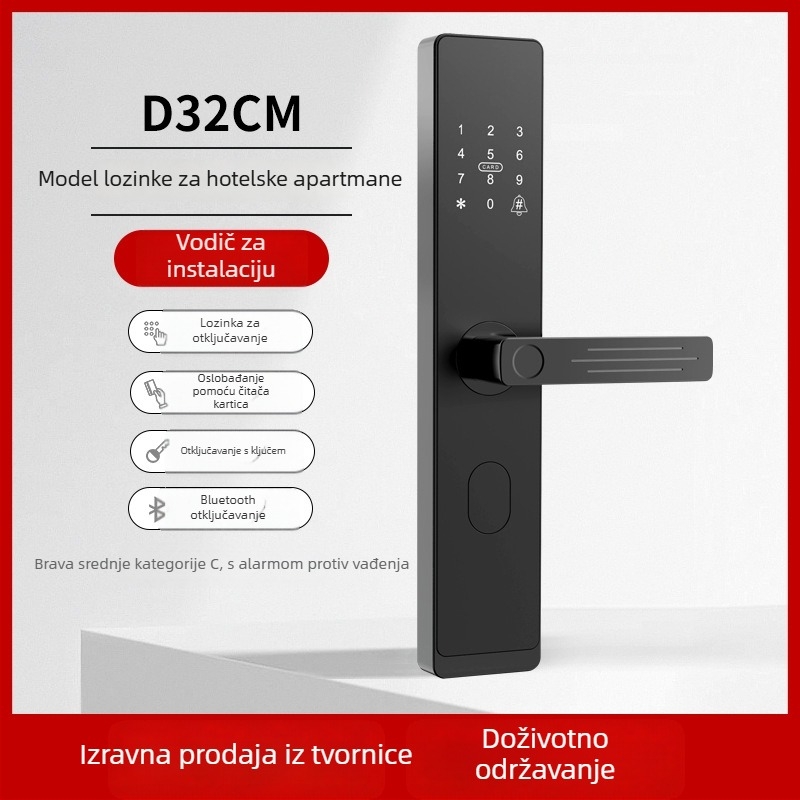 Pametna brava za vrata za apartmane i hoteli s udaljenim otključavanjem putem mobilne aplikacije, model D32, pohrana otisaka 100, više od 100000 otključavanja, čelično kućište, radna temperatura -25 do 60°C